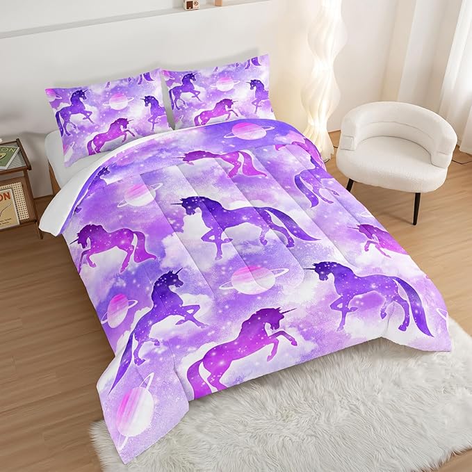 HOSIMA Purple Unicorn Bedding Sets for Girls Kids,3 Piece Soft Microfiber Galaxy Comforter Princess Crib Bedding Set Unicorn Bedroom Decor for Girls Room,Planet Cloud Queen Comforter Set. - LeafyLoom