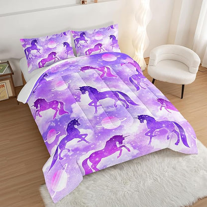 HOSIMA Purple Unicorn Bedding Sets for Girls Kids,3 Piece Soft Microfiber Galaxy Comforter Princess Crib Bedding Set Unicorn Bedroom Decor for Girls Room,Planet Cloud Queen Comforter Set. - LeafyLoom