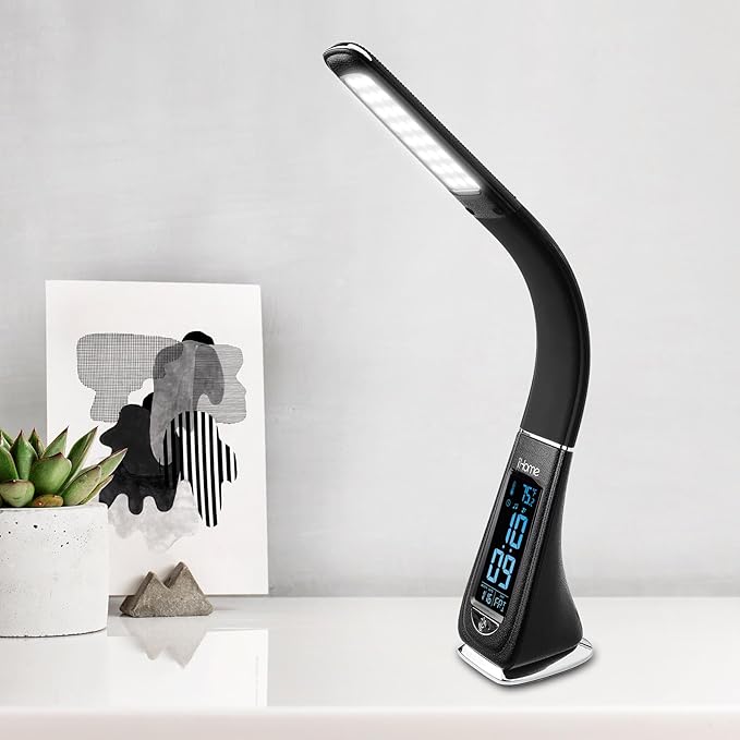 iHome Desk Lamp for Bedroom, Reading Light with Alarm Clock and USB Charging – Black (IL100B) - LeafyLoom