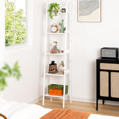 Yoobure Ladder Shelf, 5 Tier Tall Ladder Bookshelf Corner Shelf, Industrial Book Shelf Ladder Bookcase Narrow, Standing Storage Shelves Display Shelf for Bedroom Living Room Office Kitchen Bathroom - LeafyLoom