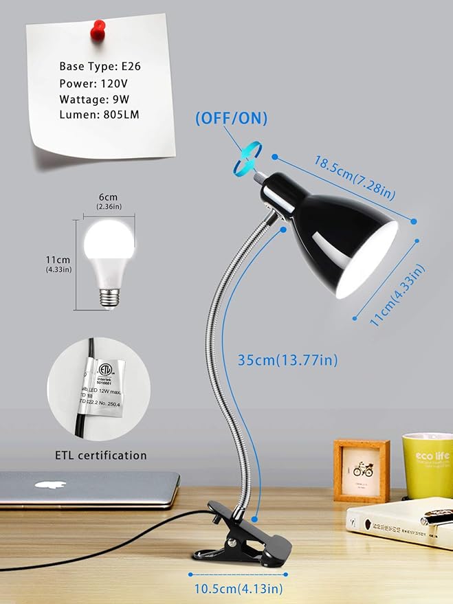 Desk lamp Eye-Caring Table Lamps, 360°Rotation Gooseneck Clip on Lamp Reading Light Portable Reading Book Light, Clamp Light, Study Desk Lamps for Bedroom and Office Home Lighting (Black) - LeafyLoom