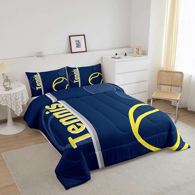 Feelyou Kids Tennis Comforter Set Full Size Tennis Sports Bedding Set for Boys Girls Teens Bedroom Decor Tennis Gaming Comforter Blue Yellow Tennis Lovers Duvet Set with 2 Pillow Case - LeafyLoom