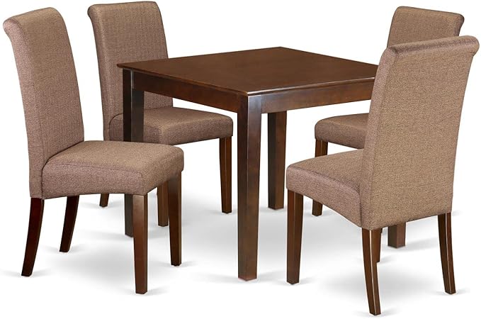 East West Furniture OXBA5-MAH-18 Oxford 5 Piece Dining Room Set Includes a Square Wooden Table and 4 Brown Linen Fabric Upholstered Parson Chairs, 36x36 Inch - LeafyLoom