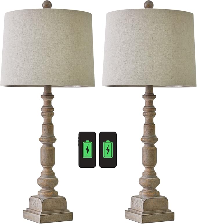 Oneach 27.75" Vintage Farmhouse USB Table Lamps Set of 2 for Living Room Bedroom Traditional Bedside Nightstand Lamp with Dual USB Port Resin Table Lamp with Rotary Switch for Living Room Bedroom - LeafyLoom