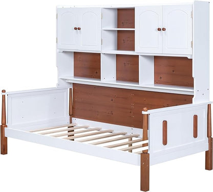 Twin Size Platform Bed with Multiple Storage, No Box Spring Required,Easy to Assemble,Wood Bed Frame for Bedroom/Apartment/Guest-Room,White+Walnut - LeafyLoom