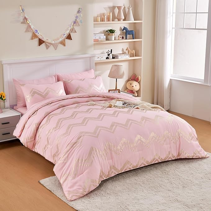 Wowelife 7 Pieces Pink Comforter Set King Size Gold Glitter Kids Bedroom Bedding Set Metallic Bed in a Bag for Girls with Comforter, Flat Sheet, Fitted Sheet 2 Pillow Shams and 2 Pillowcase - LeafyLoom