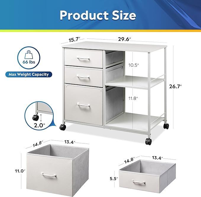 DEVAISE 3 Drawer Mobile File Cabinet, Rolling Printer Stand with Open Storage Shelf, Fabric Lateral Filing Cabinet fits A4 or Letter Size for Home Office, White - LeafyLoom