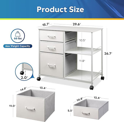 DEVAISE 3 Drawer Mobile File Cabinet, Rolling Printer Stand with Open Storage Shelf, Fabric Lateral Filing Cabinet fits A4 or Letter Size for Home Office, White - LeafyLoom