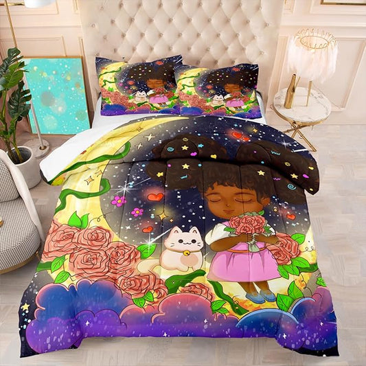 Black Girl Comforter Set - 3 Piece Black Girls Twin Comforter Set for Girls, All-Season Breathable Black Girl Bedding Set for Girls Bedroom Decor with,Queen Size, 1 Comforter + 2 Pillowcases - LeafyLoom