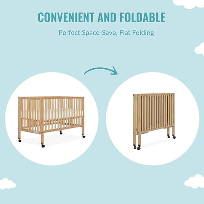 Quinn Full-Size Folding Crib in Natural, Removeable Wheels, Modern Nursey, Adjustable Mattress Support, Portable Crib, Patented Folding System - LeafyLoom