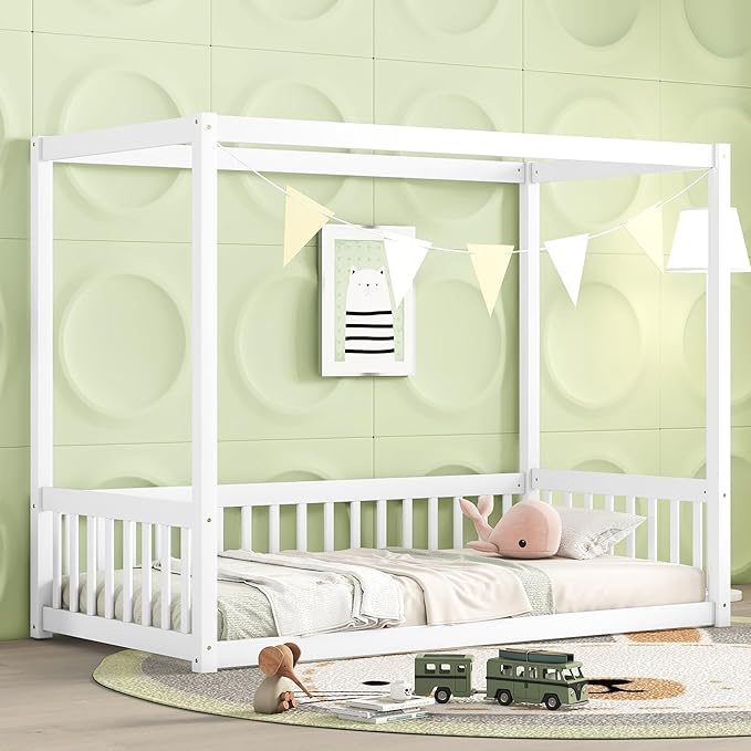 Twin Size Canopy Bed Frame with Guardrails for Kids,Floor Bed Twin with Four Poster Design,Kids Montessori Floor Bed,Wood Canopy Bed Frame for Girls,Boys(Twin,White) - LeafyLoom