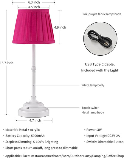 KDG Portables Cordless Table Lamp, Fabric Shade Desk Lamp, 5000mAh Rechargeable Battery Powered Lighting, Dimmable light for Dining Room, Bedroom, Bedside, Night Light, Camping, Balcony (Pink-purple) - LeafyLoom