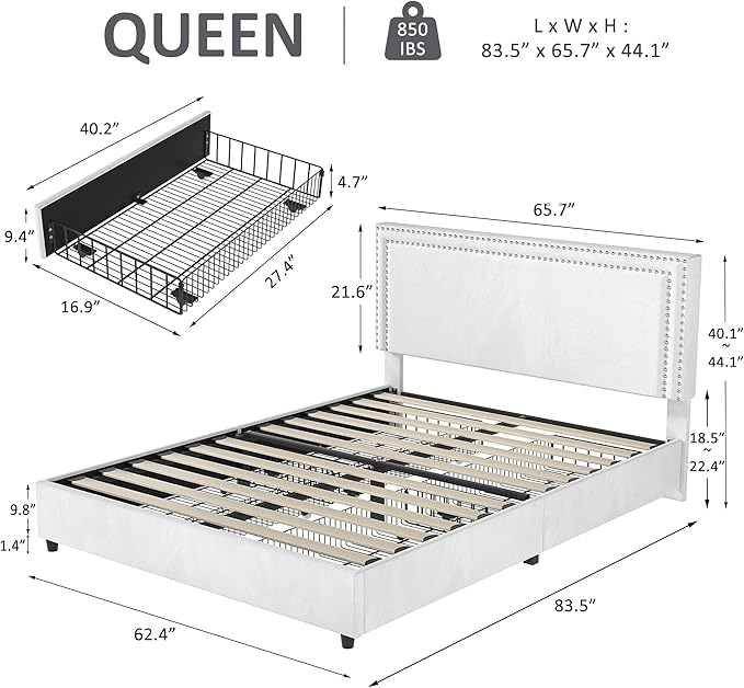 VECELO Queen Size Upholstered Platform Bed Frame with 4 Storage Drawers, Adjustable Velvet Rivets Headboard, Wooden Slats Support, No Box Spring Needed, Easy Assembly - LeafyLoom