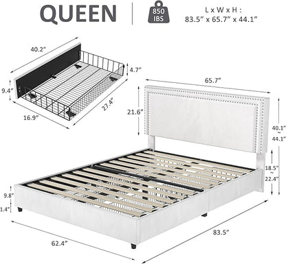 VECELO Queen Size Upholstered Platform Bed Frame with 4 Storage Drawers, Adjustable Velvet Rivets Headboard, Wooden Slats Support, No Box Spring Needed, Easy Assembly - LeafyLoom