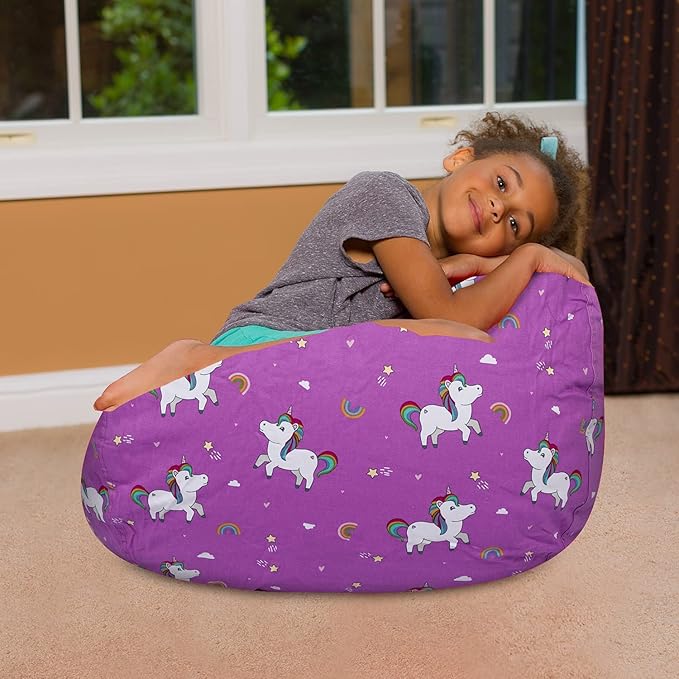 Posh Creations Bean Bag Chair for Kids, Teens, and Adults Includes Removable and Machine Washable Cover, 27in - Medium, Canvas Unicorn and Rainbows on Purple - LeafyLoom