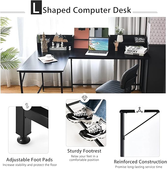 LUARANE 65.5 Inches L-Shaped Desk, Industrial Computer Desk with Hutch File Rack, Space Saving Corner Desk with Metal Frame, Computer Workstation for Home Office (Black) - LeafyLoom