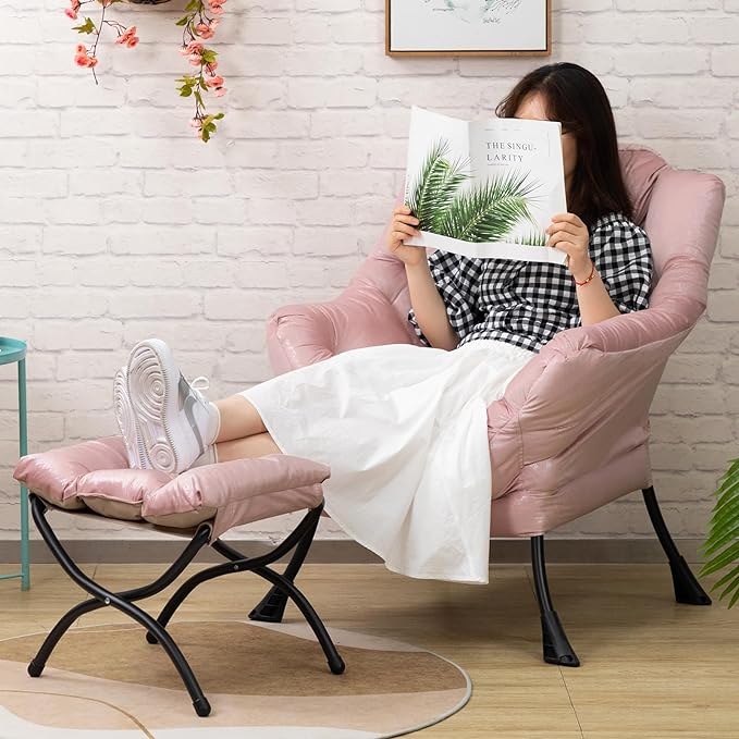 HollyHOME Fabric Lazy Chair with Foldable Ottoman, Accent Comfy Lounge Arm Chair and Folding Footrest Stool Set, Leisure Sofa Reading Chair and Footstool for Living Room, Bedroom, Dorm, Laser Pink - LeafyLoom