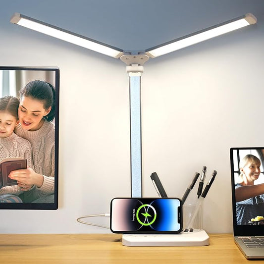 Qooltek LED Desk Lamp for Home Office, Touch Control Table Lamp with 5 Color Modes and Adjustable Brightness,Dual Swing Arm USB Charging Port Foldable Reading Light, Auto Timer, Silver White, 5W - LeafyLoom