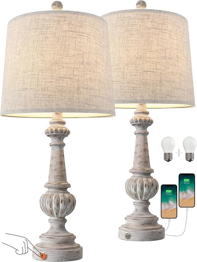 PORTRES 25.75" Traditional 3-Way Dimmable Table Lamp Set of 2 for Living Room Bedside Nightstand Lamps with USB A+C Charging Ports for Bedroom Kids Room Rustic Table Lamps (2 Bulbs Included) - LeafyLoom