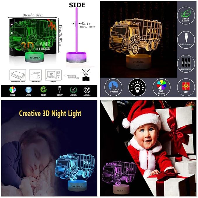 Garbage Truck Car Gift Night Lights for Kids 3D Lamp LED Desk Lamps for Boys Decor Bedroom Room USB plugs 7 Color Gradual Changing Truck Light or Birthday Xmas Party Festival Decor Children Gifts - LeafyLoom