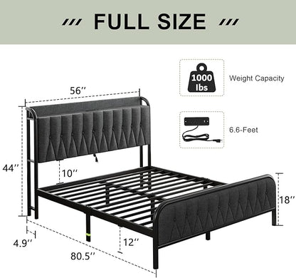 Feonase Full Bed Frame with Type-C & USB Port, Metal Platform Beds, with Linen Upholstered Headboard & Footboard, 12" Underbed Storage Space, Easy Assembly, Noise-Free, Dark Gray - LeafyLoom