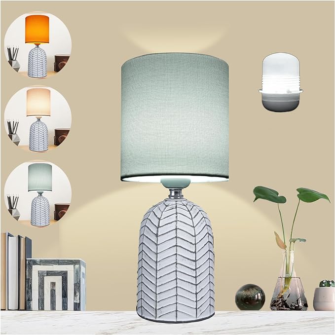 AIDENOEY Small Table Lamp for Bedroom -Bedside Desk Reading Lamps with 3 Way DimmableTouch Control,Nightstand Ceramic Lamp with Fabric Shade for Kids Room,Living Room,Dorm,Home Office(Grey+White) - LeafyLoom