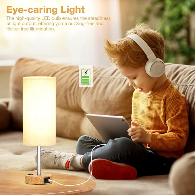 Bedside Table Lamp for Bedroom - 3 Way Dimmable Touch Lamp USB C Charging Ports and AC Outlet, Small Lamp Wood Base Round Flaxen Fabric Shade for Living Room, Desk, LED Bulb Included - LeafyLoom