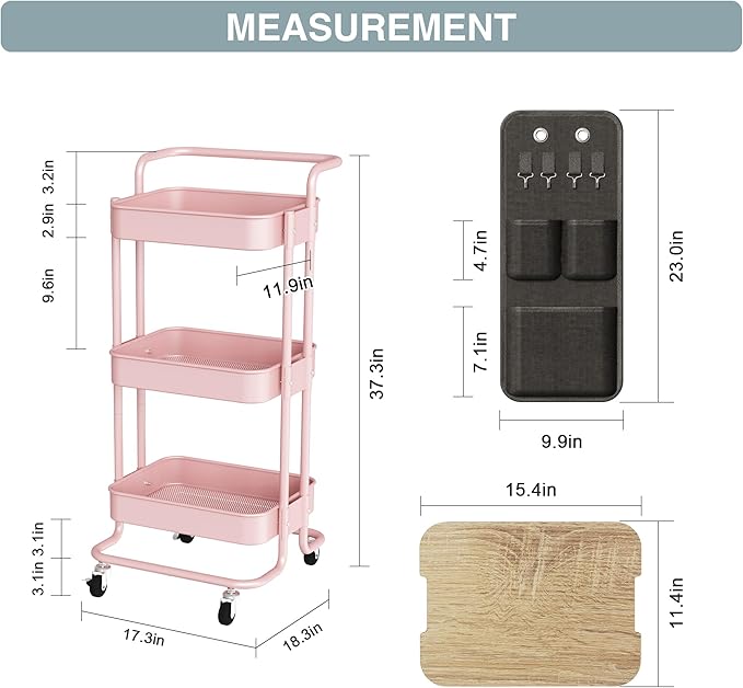 DTK 3 Tier Metal Utility Rolling Cart with Table Top and Side Bags, Metal Tray Storage Organizer Cart with Wheels, Art Craft Cart with 4 Hooks for Kitchen Bathroom Office Living Room (Pink) - LeafyLoom