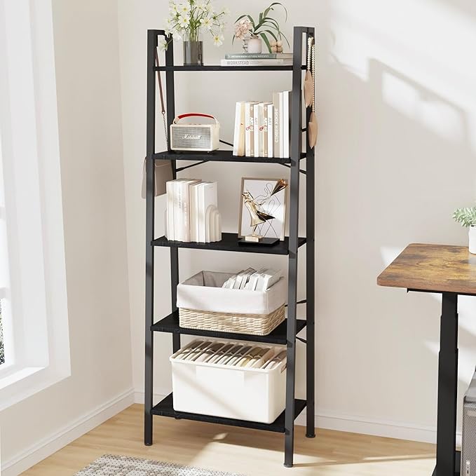 Ladder Shelf, Bookshelf Bookcase, Freestanding Corner Storage Shelve with 2 Hooks for Home Office, Living Room, Kitchen, Bedroom, Industrial, 5-Tier Black BC19304B - LeafyLoom