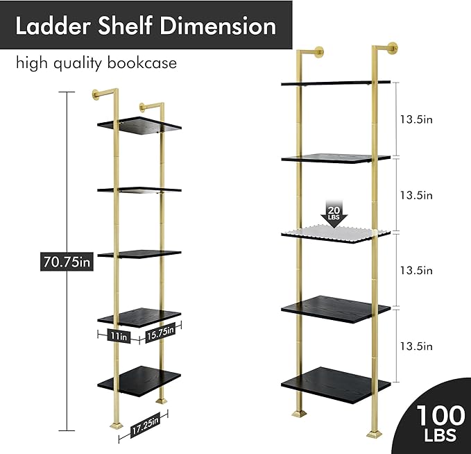 Axeman 5-Tier Ladder Bookcase, Tall Narrow Bookshelf for Small Spaces, Modern Book Storage Organizer Case Open Shelves for Bedroom, Living Room, Office, Library, Gold Metal Frame and Blakc Shelf - LeafyLoom