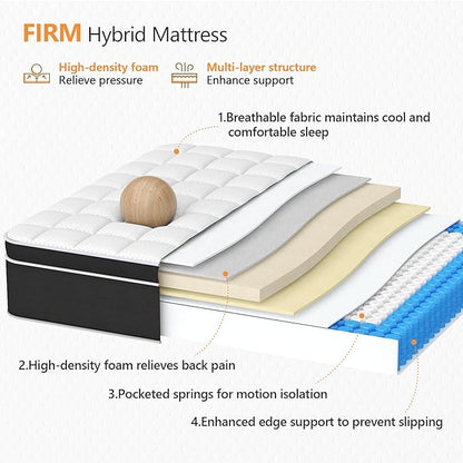 Queen Mattress - 14 Inch Hybrid Mattress Queen Size with Memory Foam and Pocket Springs, Upgraded Support Queen Size Mattresses, Pressure Relief & Motion Isolation, Firm Queen Mattress in a box - LeafyLoom