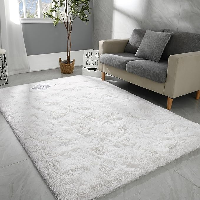 6x9 Large Area Rugs for Living Room, Super Soft Fluffy Modern Bedroom Rug, Cream White Indoor Shag Fuzzy Carpets for Girls Kids Nursery Room Home Decor - LeafyLoom