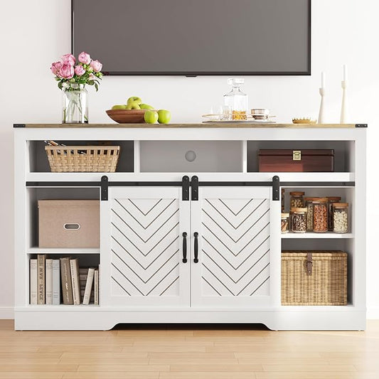 Farmhouse TV Stand for 23" Electric Fireplace, Tall Entertainment Center for 65+ Inch TV, Rustic TV Console with Sliding Bar Door for Living Room (Wood-Tone and White) - LeafyLoom