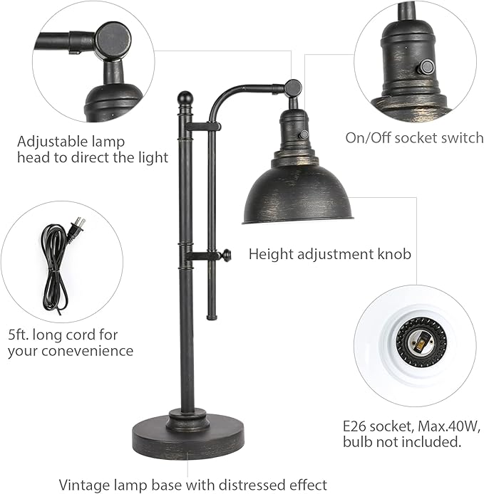 VONLUCE Rustic Desk Lamp Black Adjustable, Industrial Style Metal Task Lamp (25"-29"), Vintage Work Lamp, Farmhouse Reading Lamp in Aged Bronze Finish, ETL Certificate - LeafyLoom