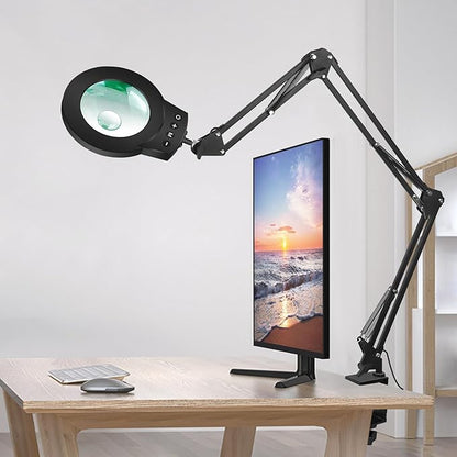 Magnifying Glass Light Stand 10X 5X Swing Arm Desktop Lamp Desk Table Close Work Up for Crafting, Reading, Sewing, Model Assembly, Soldering, Ultra Long 3-Section Design for Large Workbench (Black) - LeafyLoom