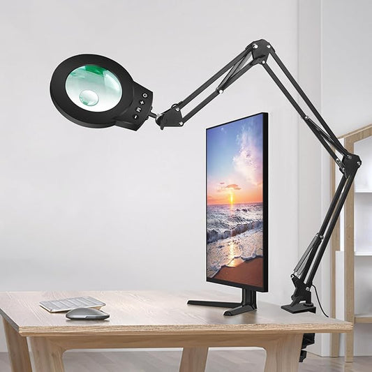 Magnifying Glass Light Stand 10X 5X Swing Arm Desktop Lamp Desk Table Close Work Up for Crafting, Reading, Sewing, Model Assembly, Soldering, Ultra Long 3-Section Design for Large Workbench (Black) - LeafyLoom