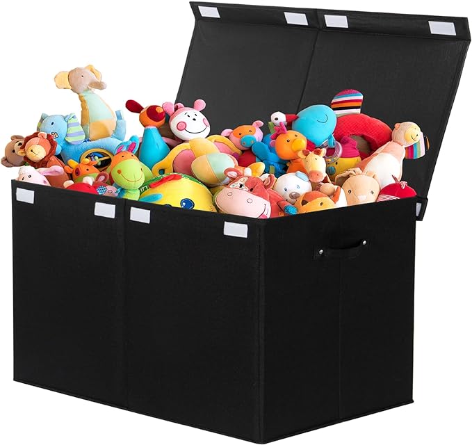 122L Large Toy Box Chest with Lid, Foldable Toy Storage Organizer Bin Boxes with Removable Divider for Kids, Boys, Girls, Nursery, Playroom, 26"x17" x17"(Linen Black) - LeafyLoom