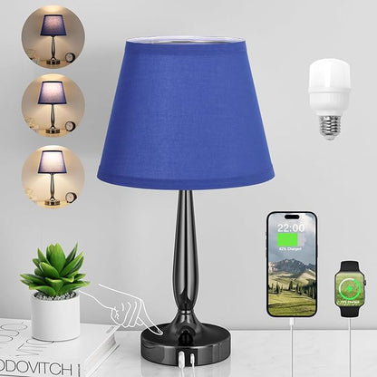 Kakanuo Touch Bedside Lamp for Bedroom with USB C Port, Small Touch Table Lamp with 2 USB Charging Ports, 3 Way Dimmable Nightstand Lamp for Living Room and Office - Royal Blue (LED Bulb Included) - LeafyLoom