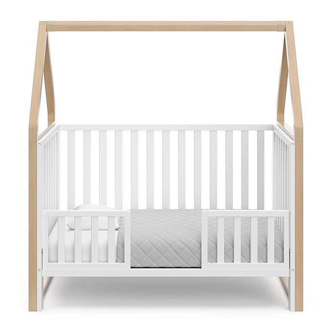 Storkcraft Orchard 5-in-1 Convertible Crib (White with Driftwood) – GREENGUARD Gold Certified, Canopy Style Baby Crib, Converts from Crib to Toddler Bed, Daybed and Full-Size Bed - LeafyLoom