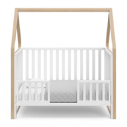 Storkcraft Orchard 5-in-1 Convertible Crib (White with Driftwood) – GREENGUARD Gold Certified, Canopy Style Baby Crib, Converts from Crib to Toddler Bed, Daybed and Full-Size Bed - LeafyLoom