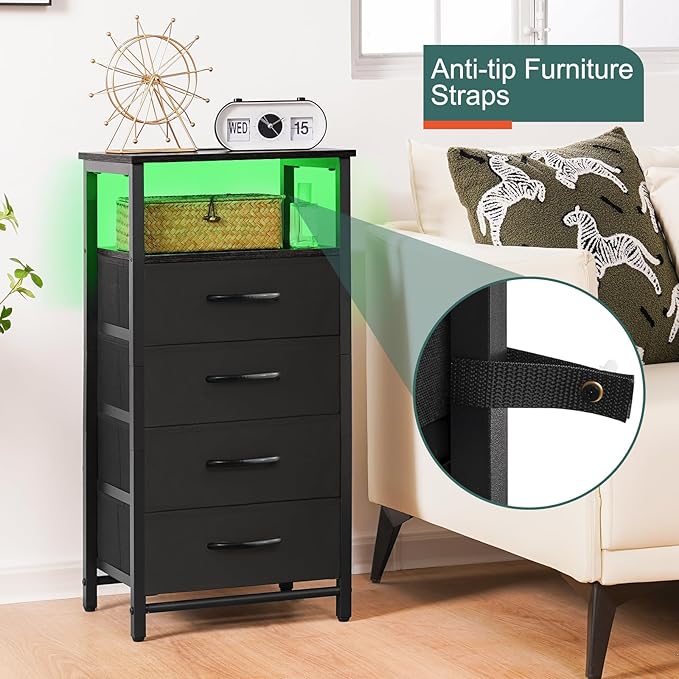 Yoobure Night Stand - LED Black Nightstand with Charging Station, Bedside Table with 4 Storage Drawers and Storage Shelf, End Table with USB Ports and Outlets, Fabric Tall Dresser for Bedroom - LeafyLoom