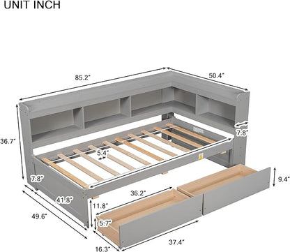 Twin Size Platform 2 Storage Drawers and L-Shaped Bookcases, Wooden Captain Bed Daybed Frame with Headboard for Bedroom, Living Room, Gray - LeafyLoom