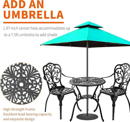 Bistro Table and Chairs Set of 2 Outdoor 3 Piece Bistro Sets Cast Aluminum Patio Bistro Set with Umbrella Hole, Patio Set for Garden, Black - LeafyLoom