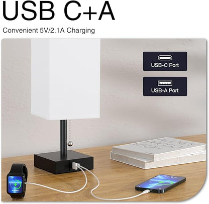 Nightstand Lamps Set of 2 - White, USB A and USB C Charging, Pull Chain Control, Bulb NOT Included, Small - LeafyLoom