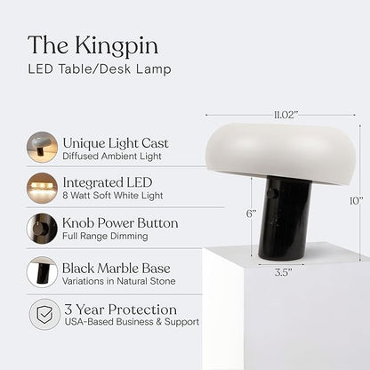 Brightech Kingpin Desk Lamp - Small LED Table Lamp for Bedroom, Office - Modern Bedside and Side Table Lamp with Marble Base, Metal Dome Shade - Dimmable Reading Lamp for Living Room and Dorm - Black - LeafyLoom