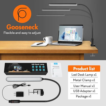 LED Desk Lamp with Clamp, Super Bright Desk Light with 11 Brightness, 5 Color Modes, Flexible Gooseneck Clip on Table Light, Eye-Caring Architect Task Desk Lamps for Home Office Study Reading - LeafyLoom