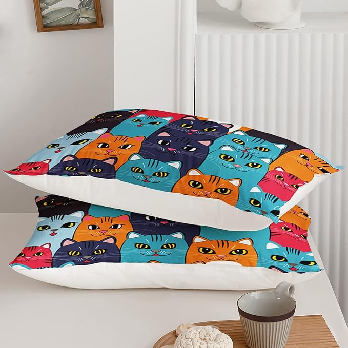 Axolotl Cartoon Cat Comforter Set Kids Bedding Queen Size,Cute Colorful Cat Bedding Set for Kids Boys Girls Adults Teens Room Decor,Kids Comforter Set All Season,1 Comforter 2 Pillow Cases - LeafyLoom