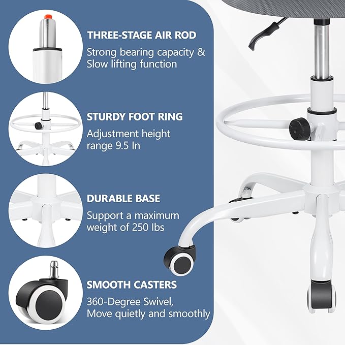 Primy Office Drafting Chair Armless, Tall Office Desk Chair Adjustable Height and Footring, Mid-back Ergonomic Standing Desk Chair Mesh Rolling Tall Chair for Art Room, Office or Home(Gray) - LeafyLoom