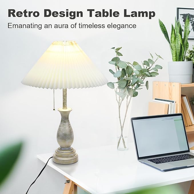 Farmhouse Table Lamp with Pull Chain Switch Control 3-Way Dimmable Table Lamp, Modern Nightstand Lamp Bedside Desk Lamp with Fabric Shade for Living Room Bedroom Hotel (Metal-Pack-01) - LeafyLoom