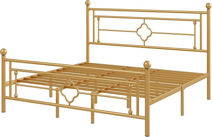 Allewie King Size Metal Platform Bed Frame with Victorian Vintage Headboard and Footboard/Mattress Foundation/Under Bed Storage/No Box Spring Needed/Noise-Free/Easy Assembly, Gold - LeafyLoom